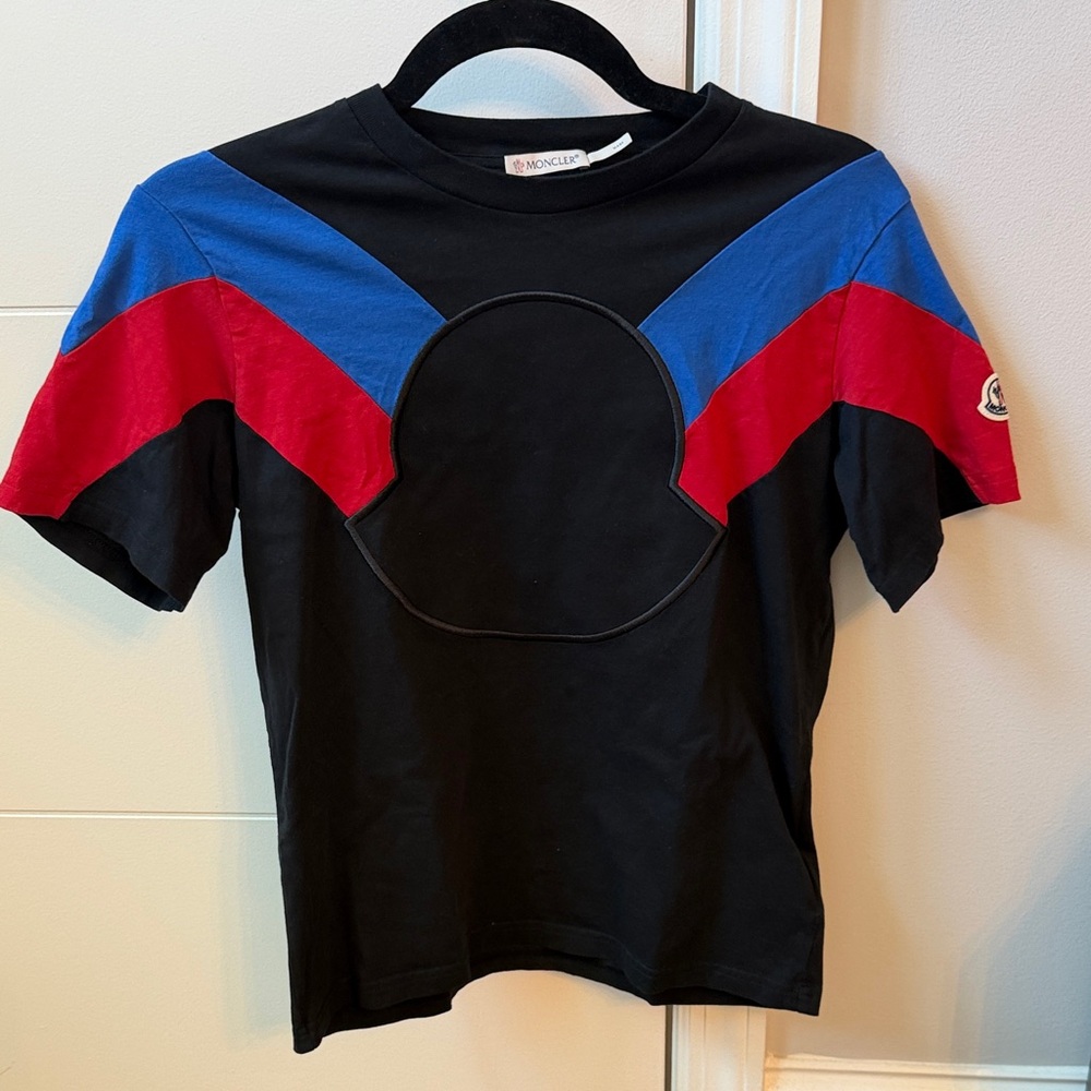 Moncler Black Tee with Red and Blue Shoulder Panels